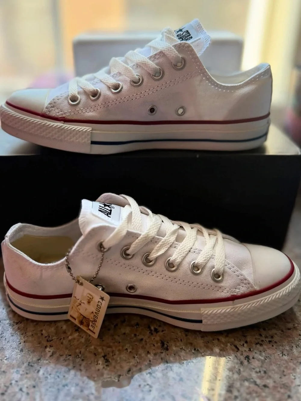 Converse White Low Top Sneakers with Red & Blue Stripe
